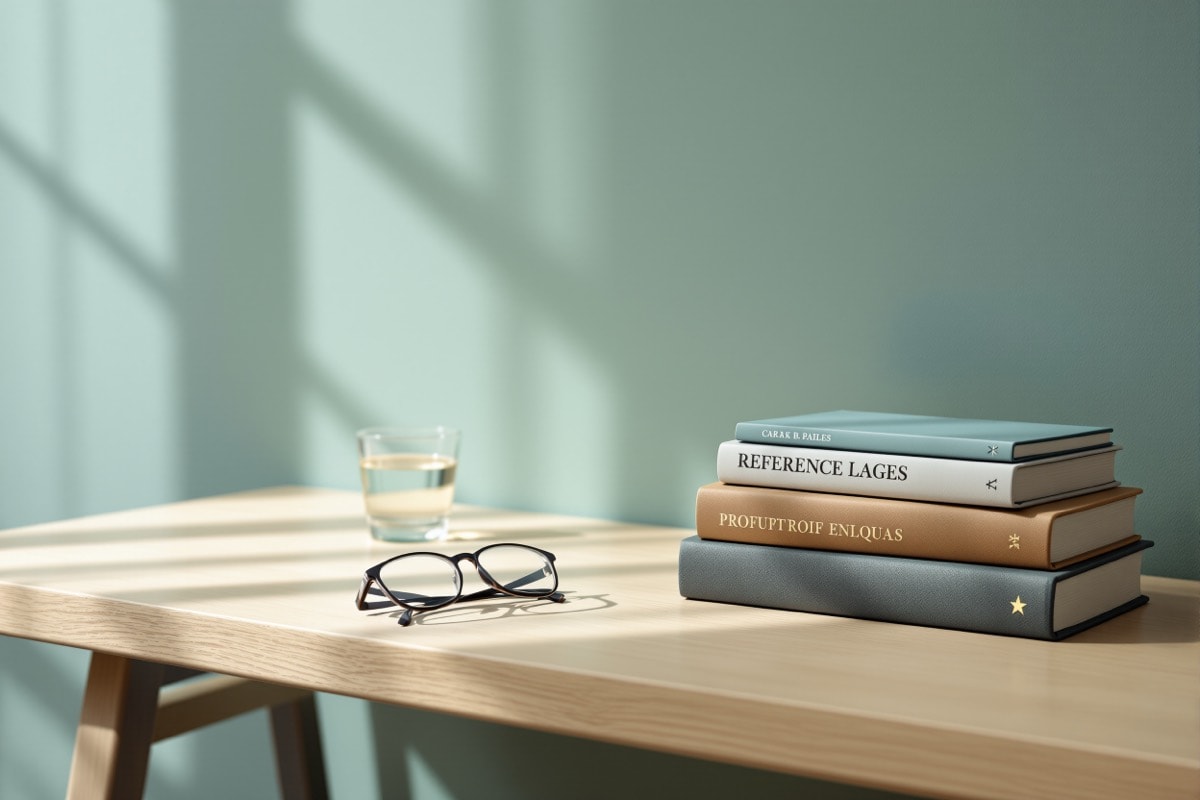 Reference books and reading glasses arranged on a plain desk in daylight