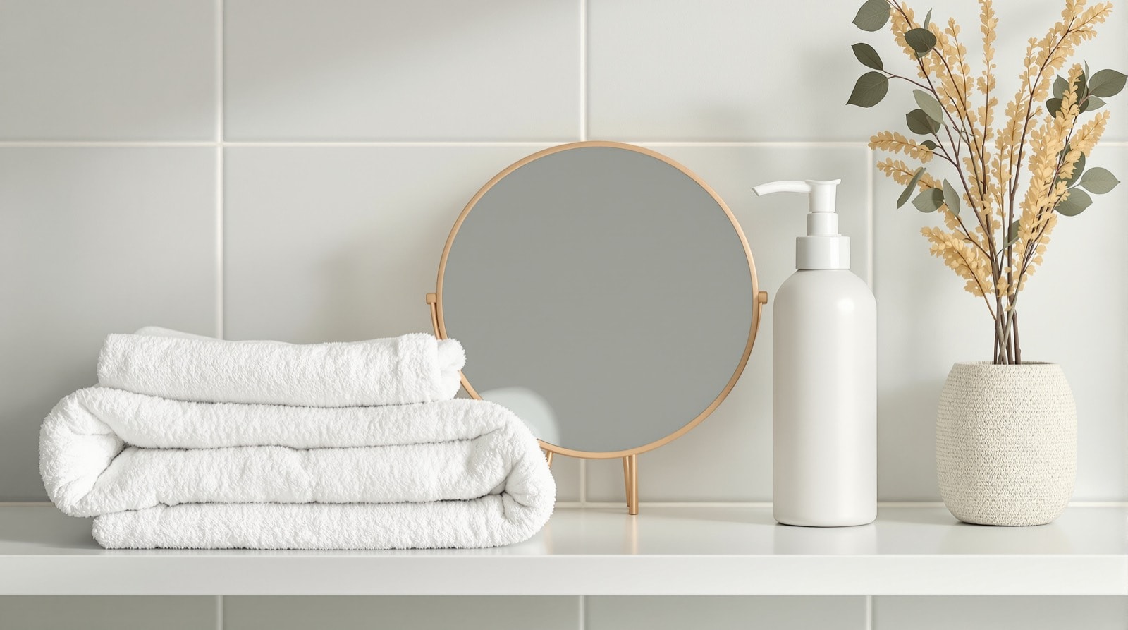 Simple bathroom shelf with a mirror, towel and moisturiser set out for a daily foot check