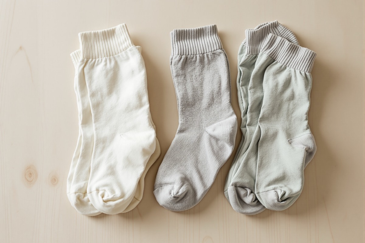 Pairs of plain seam-free cotton socks folded on a light surface