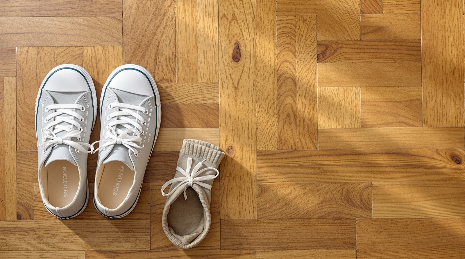 Overhead view of a pair of walking shoes and cotton socks on a wooden floor