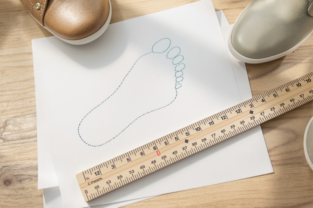 Close-up of a shoe being measured against a paper outline of a foot