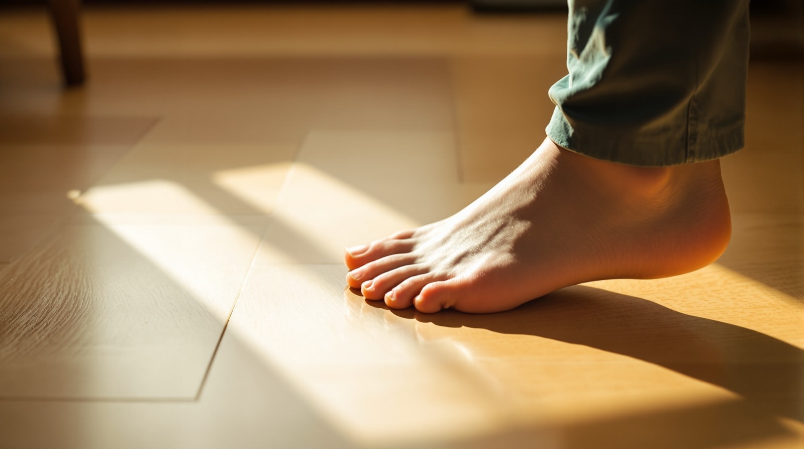 Bare foot mid-step on a wooden floor in low morning light