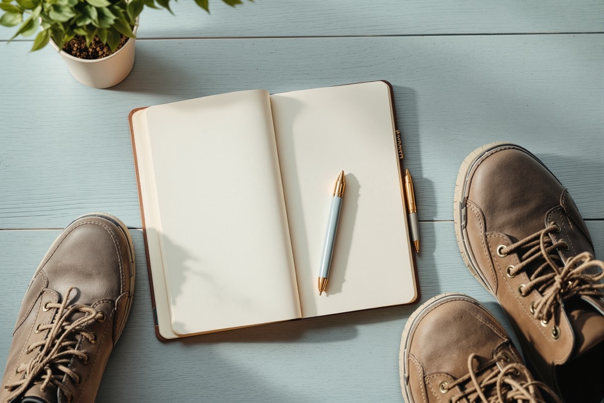 Notebook, pen and a pair of everyday shoes set out on a table before an appointment