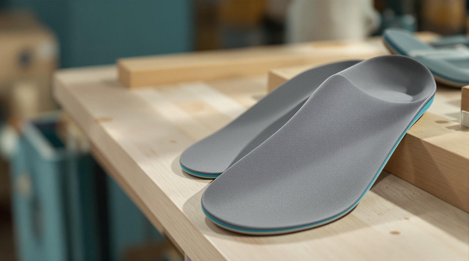 A pair of moulded shoe insoles resting on a plain workbench