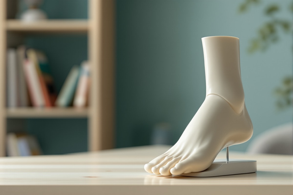 Anatomical model of a foot standing on a plain desk in a study