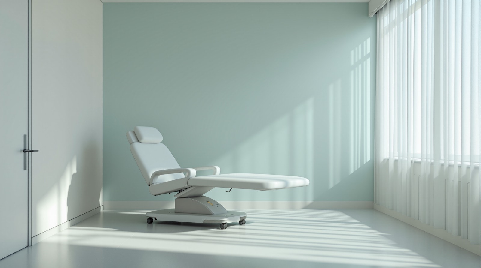 Clinical examination room with a treatment chair beside a bright window