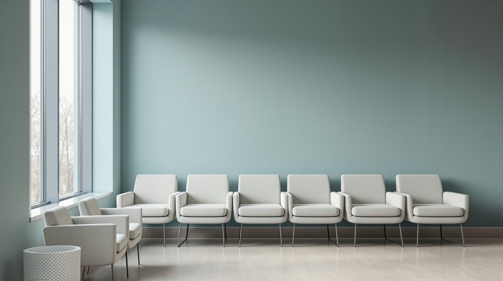 Empty waiting area with a row of chairs beside a tall window