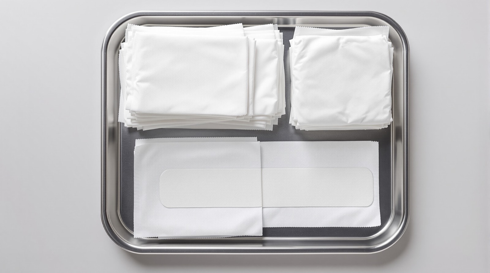 Neatly arranged sterile dressings and bandage materials on a clean tray